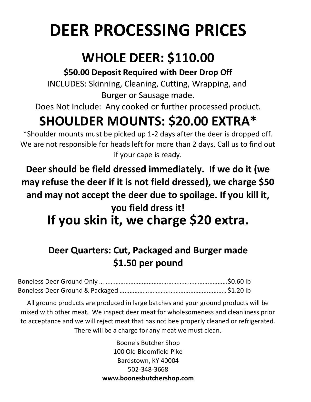 Deer Processing Prices 2018 Boones Butcher Shop